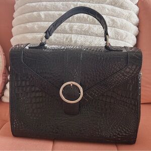 Vintage Black Crocodile Style Handbag Crossbody With Silver Details